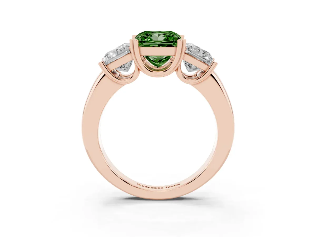 Fancy Green Three-Stone Princess Cut Cut Diamond Ring with Channel Set Band and Four-Prong Setting Rose gold