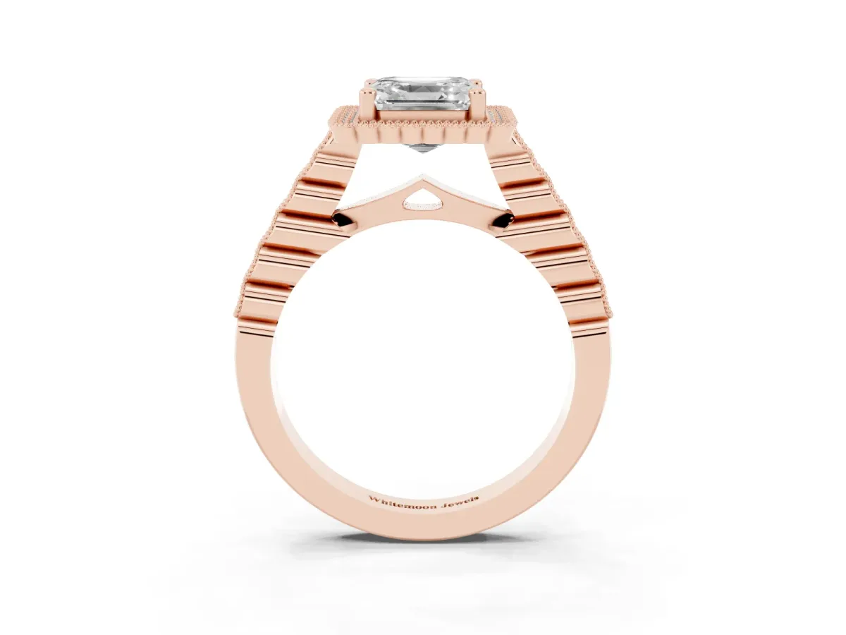 Asscher Cut Cut Halo Pavé Solitaire Ring with Milgrain Band Rose gold