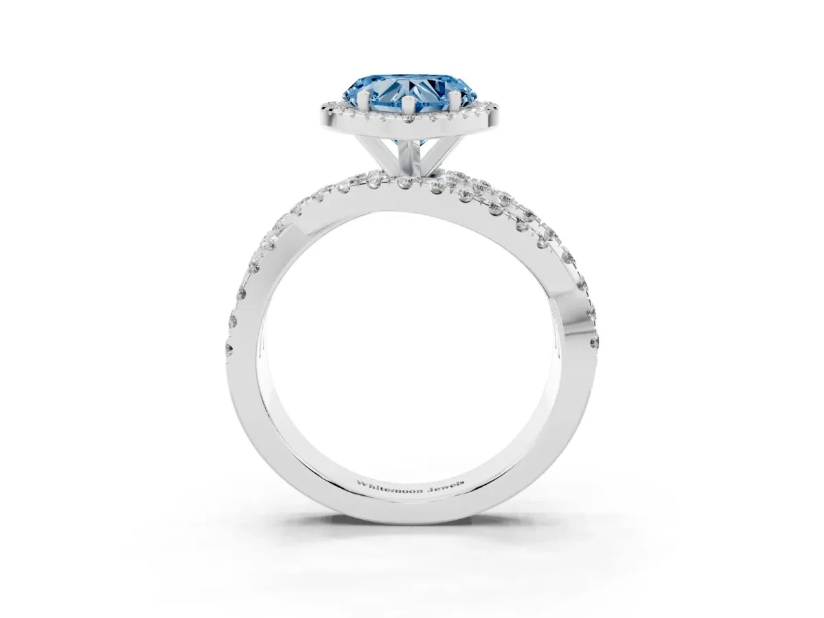 Fancy Blue Heart Cut Diamond Halo Ring with Round Split Shank and Prong Setting Silver