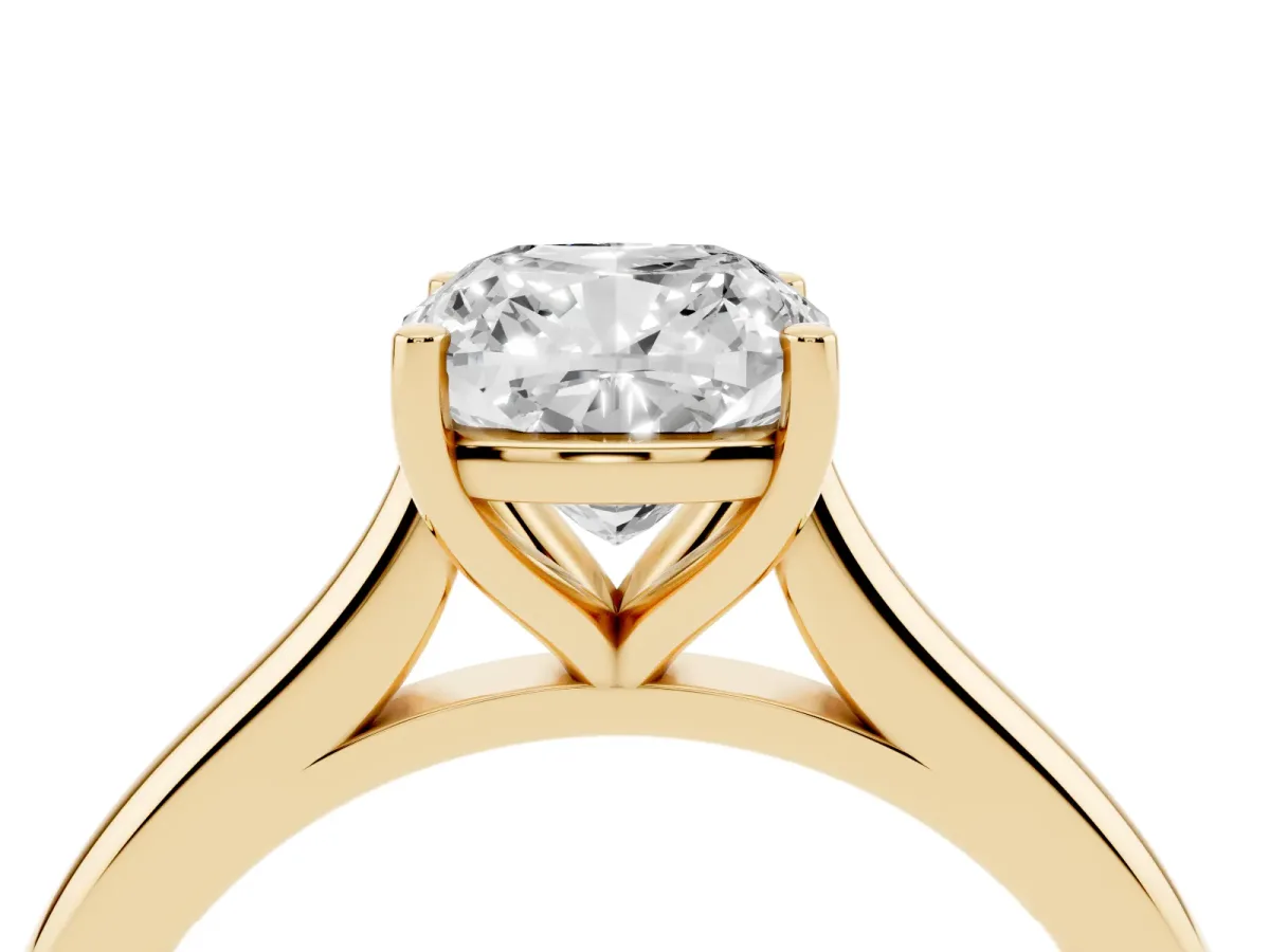 Cushion Cut Cut Solitaire Ring with Cathedral Band and Four-Prong Setting Yellow gold
