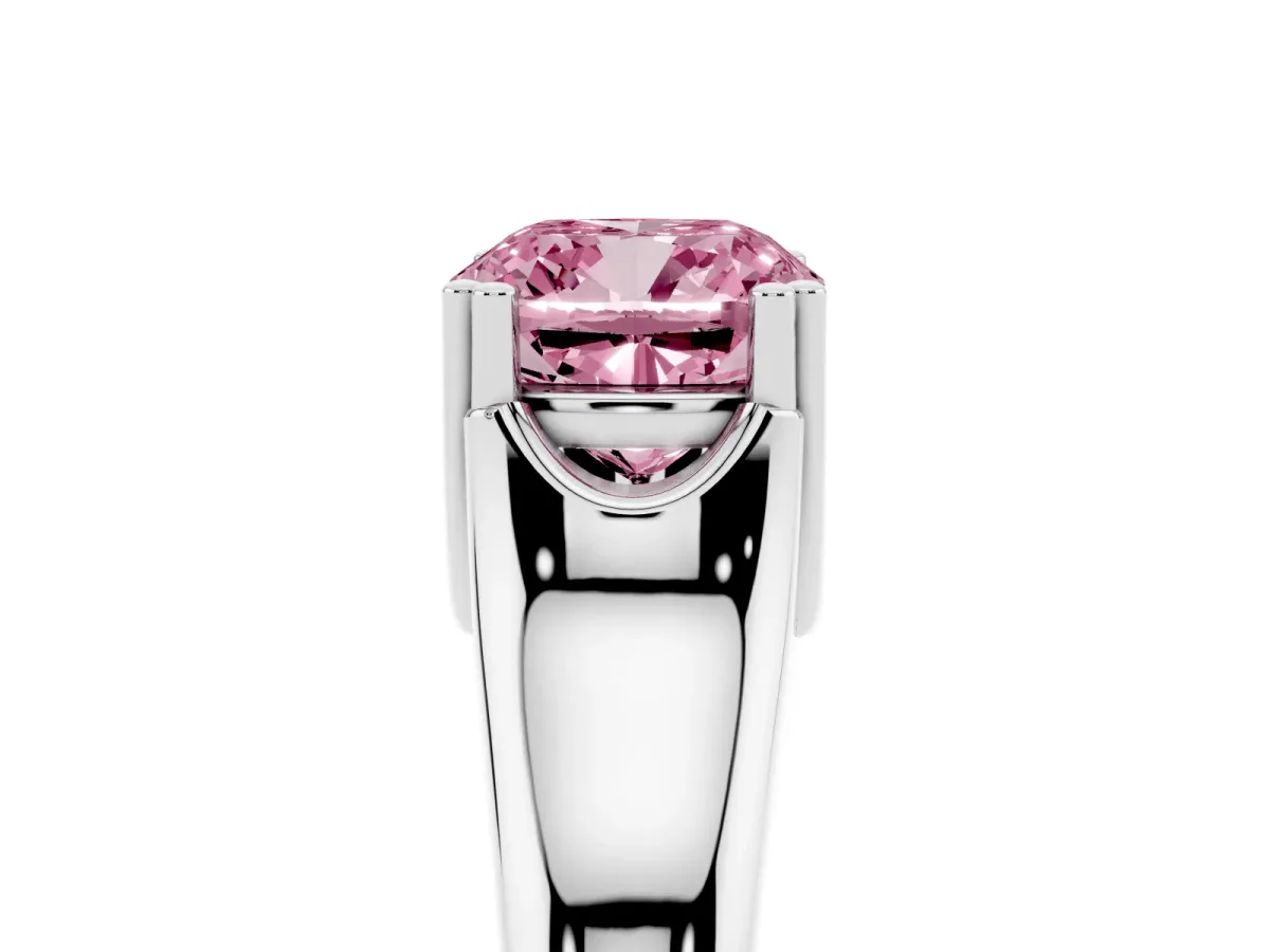 Fancy Pink Cushion Cut Diamond Solitaire Ring with Wide Band and Prong Setting Silver