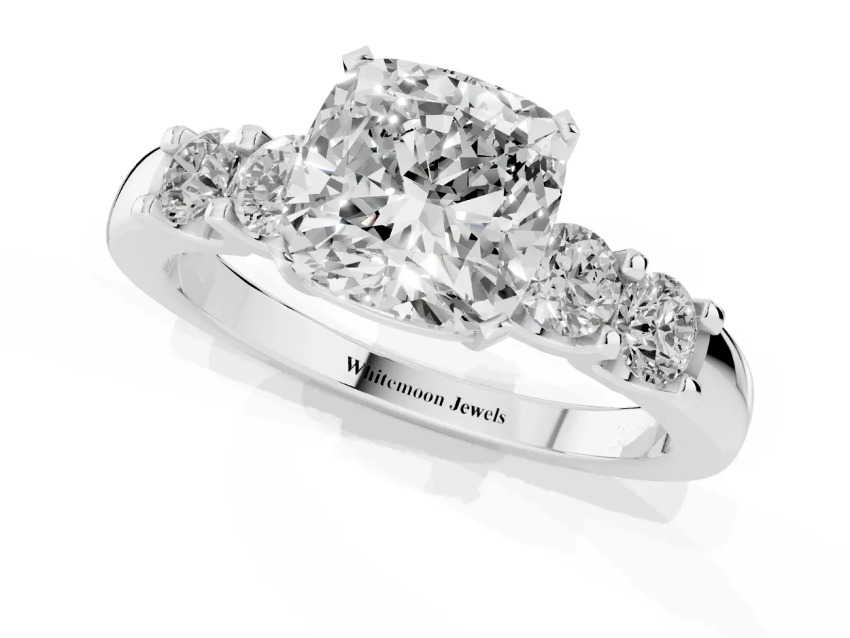 Cushion Cut Brilliant Cut Diamond Five-Stone Prong Set Engagement Ring with Channel Band Silver