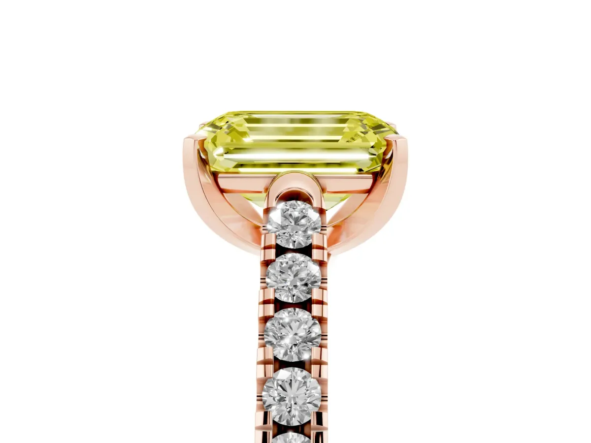 Fancy Yellow Emerald Cut Diamond Pavé Band Solitaire Ring with Prong Setting Rose gold