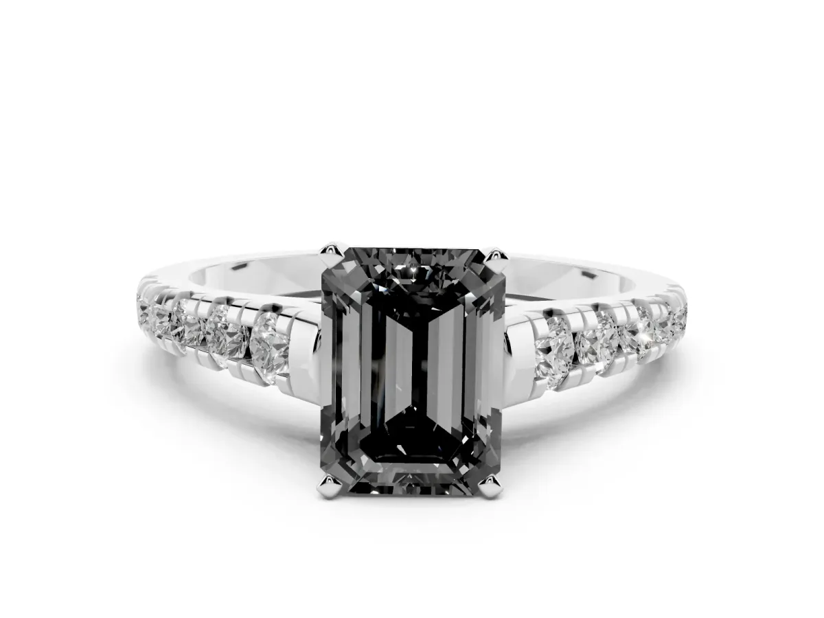 Fancy Black Emerald Cut Diamond Cathedral Solitaire Ring with Round Pavé Band Silver
