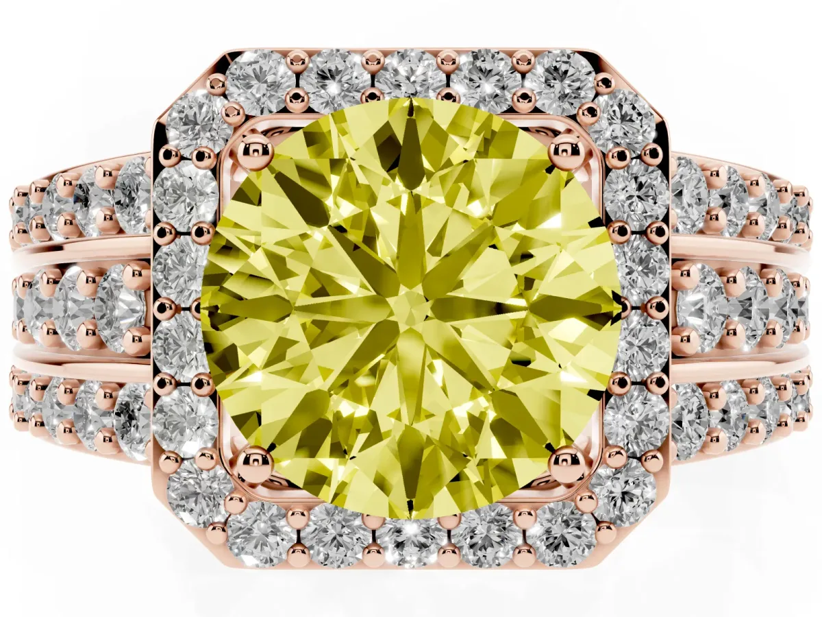 Fancy Yellow Round Cut Halo Diamond Ring with Round Split Shank and Prong Setting Rose gold