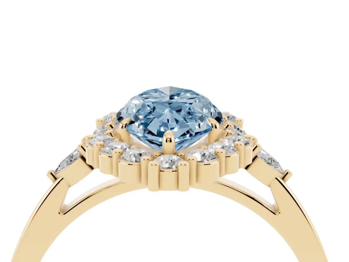 Fancy Blue Marquise Cut Diamond Halo Ring with Pear Side Stones and Prong Setting Yellow gold