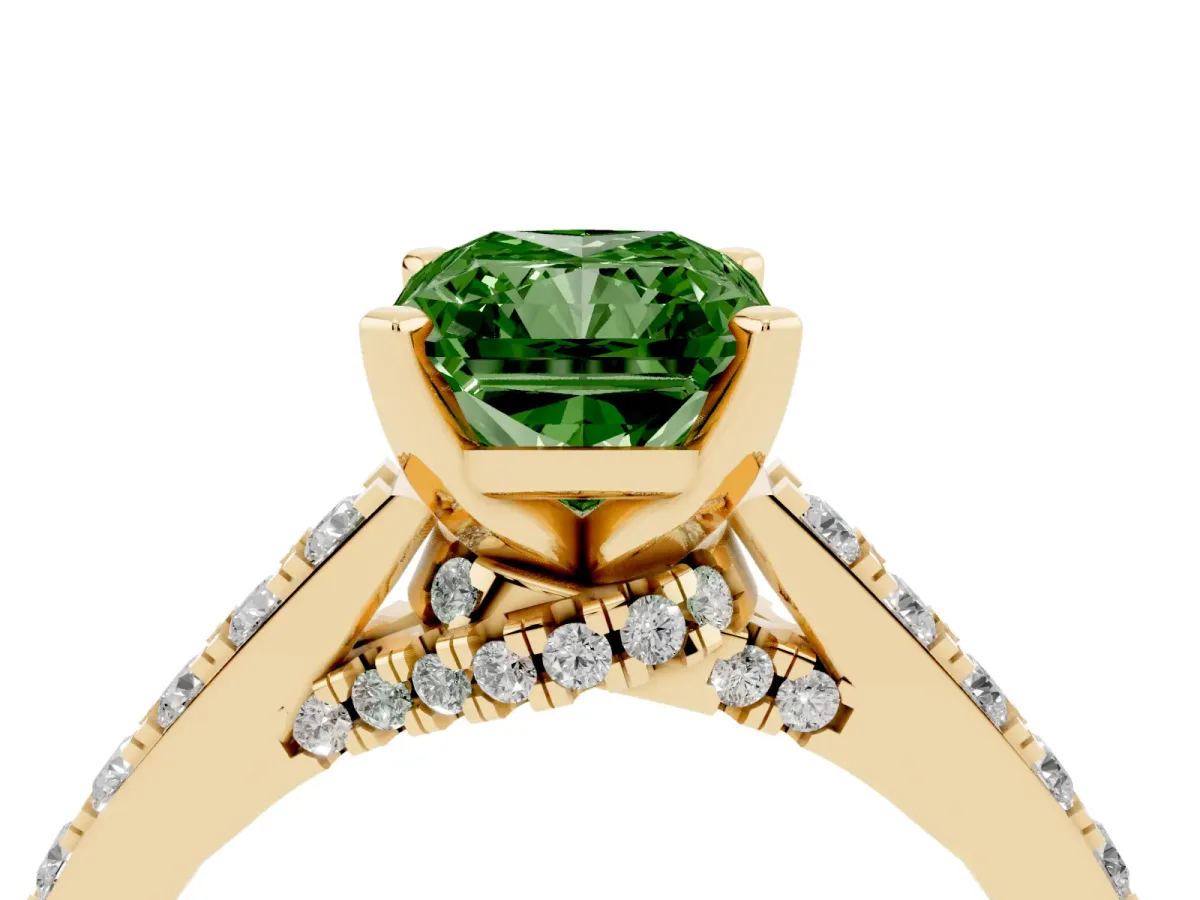 Fancy Green Radiant Cut Diamond Solitaire Ring with Crossover Gallery and Round Pavé Band Yellow gold