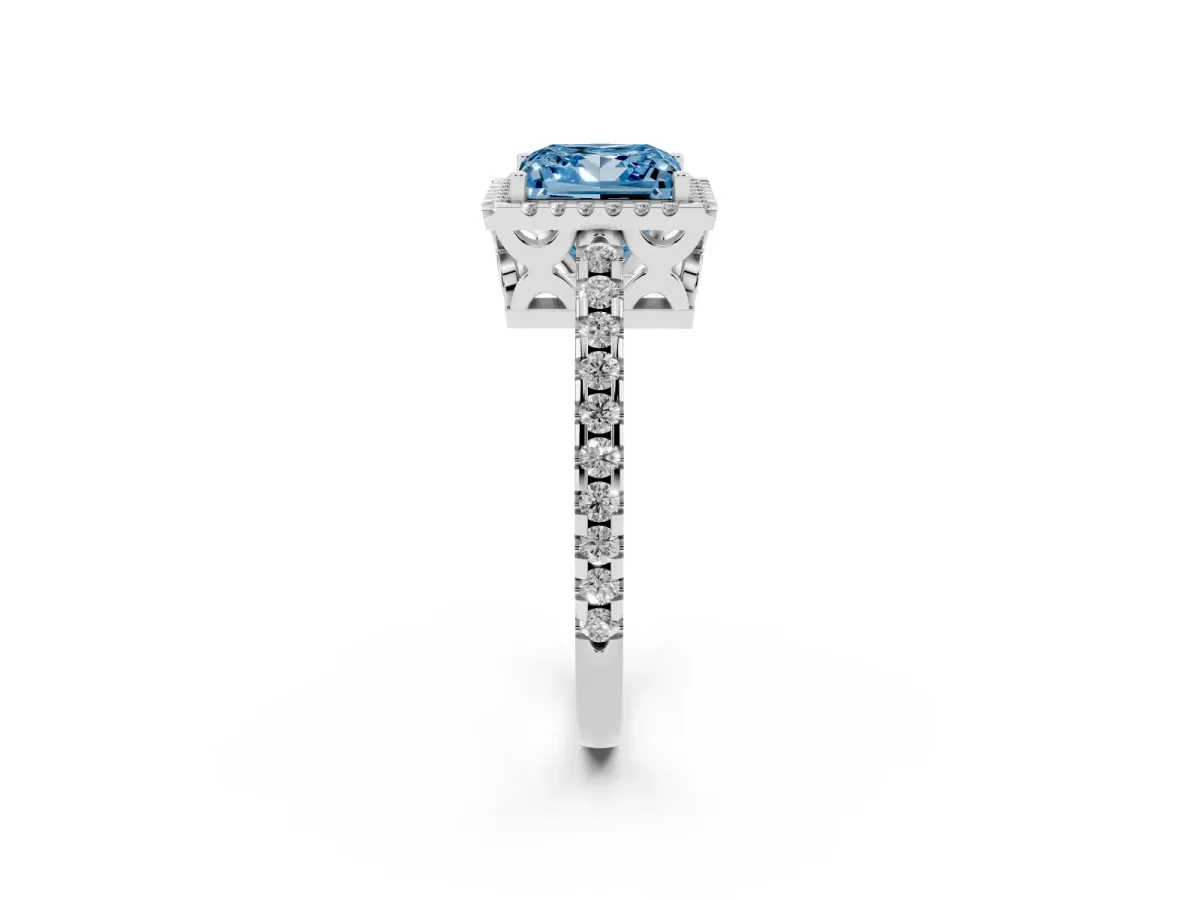 Fancy Blue Princess Cut Diamond Halo Engagement Ring with Pavé Band and Prong Setting Silver