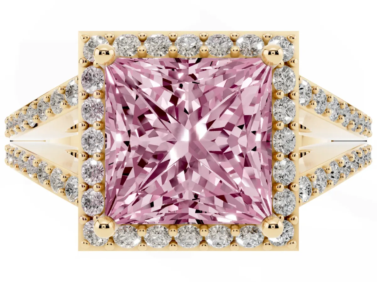 Fancy Pink Princess Cut Halo Split Shank Pave Diamond Ring with Four-Prong Setting Yellow gold