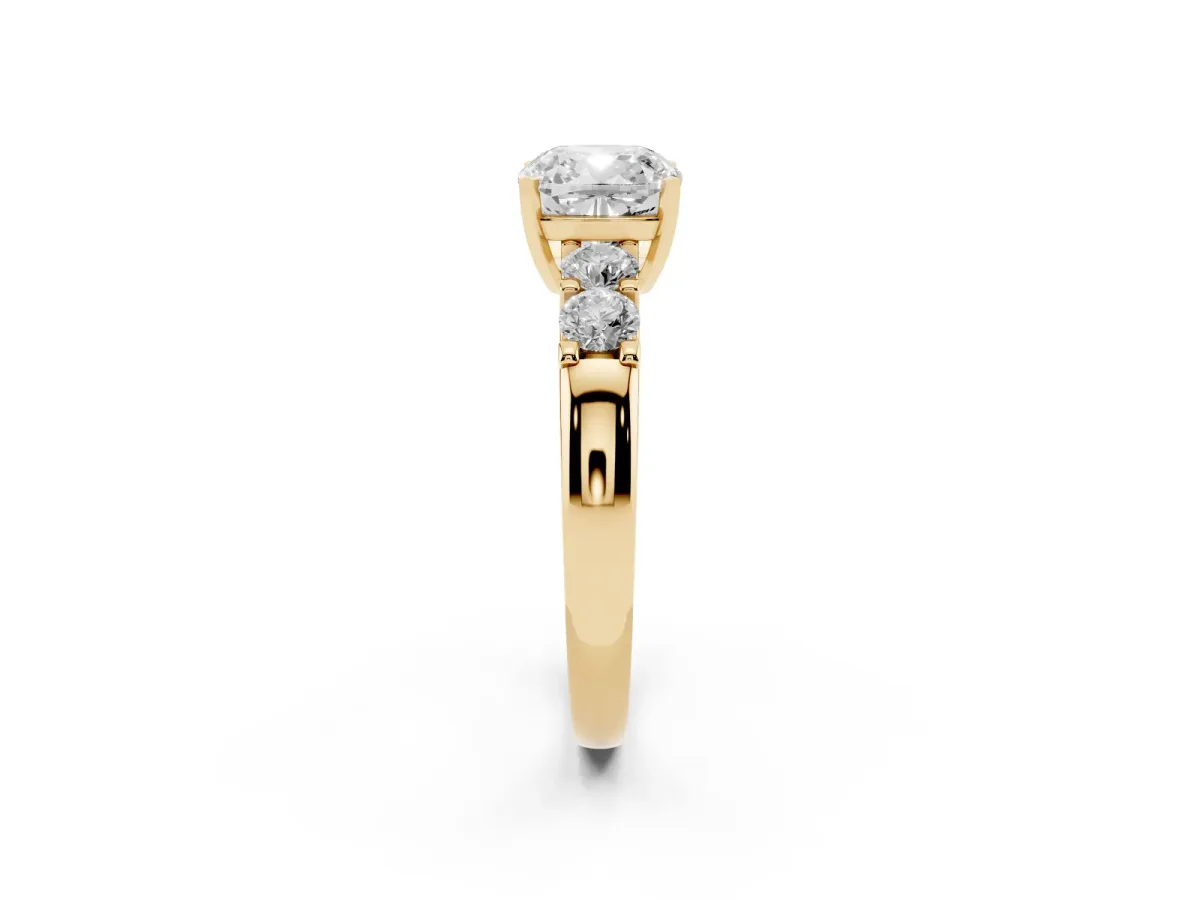Cushion Cut Brilliant Cut Diamond Five-Stone Prong Set Engagement Ring with Channel Band Yellow gold