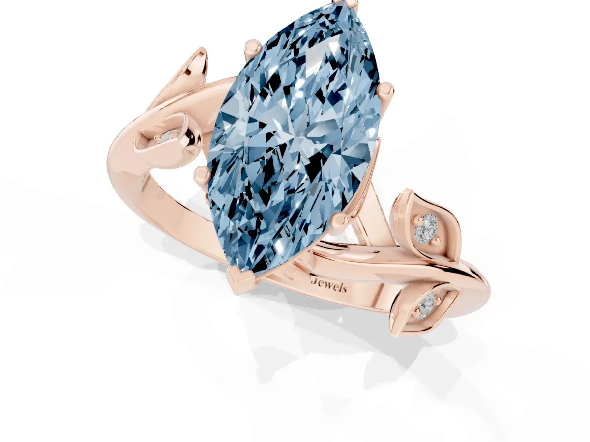 Fancy Blue Marquise Cut Solitaire Twist Engagement Ring with Leaf Accents and Prong Setting Rose gold