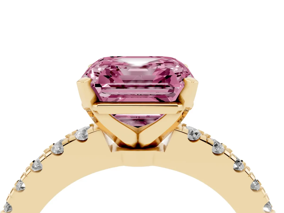 Fancy Pink Asscher Cut Solitaire Diamond with Pavé Band and Four-Prong Setting Yellow gold