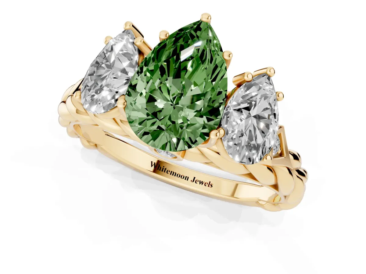 Fancy Green Three-Stone Pear Cut Diamond Braided Band Ring with Four-Prong Setting Yellow gold