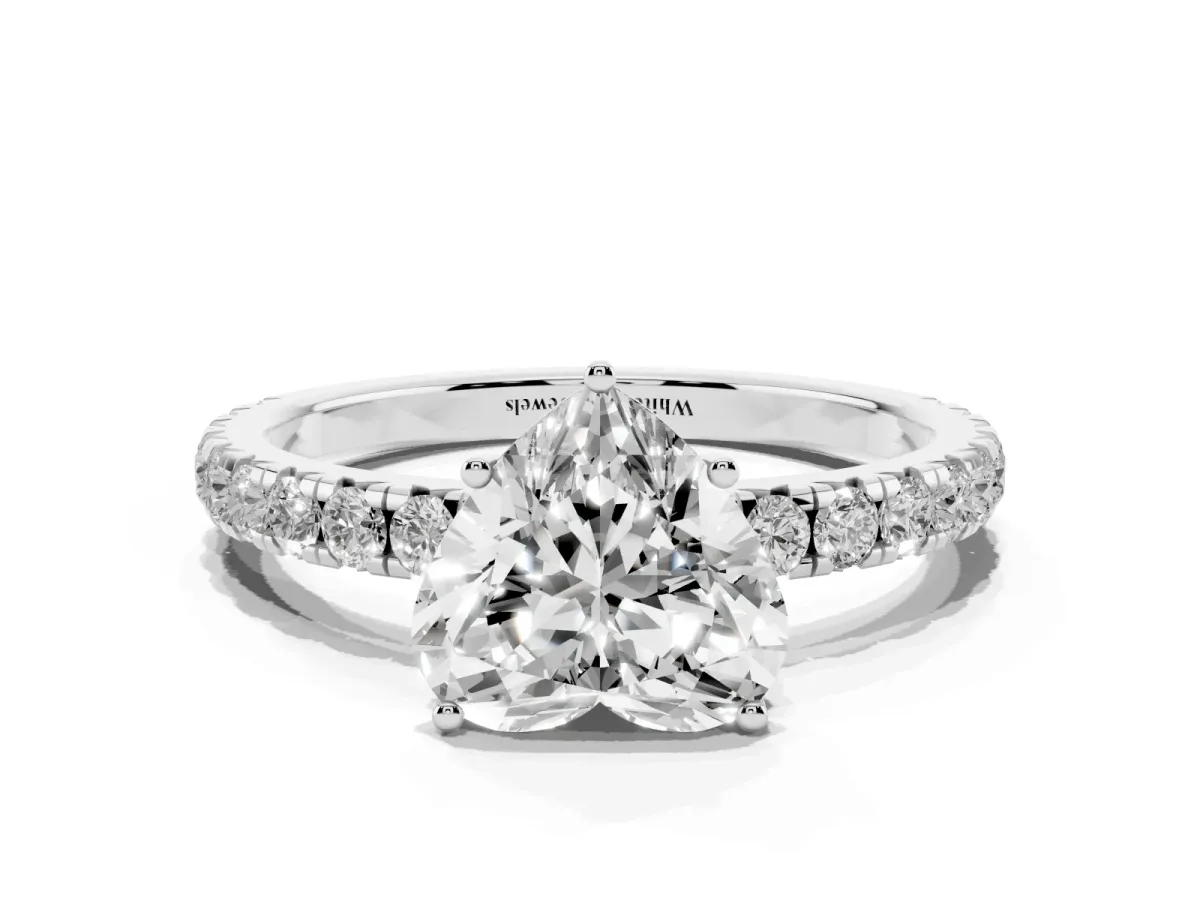 Heart Cut Diamond Pavé Solitaire Engagement Ring with Four-Prong Setting Silver