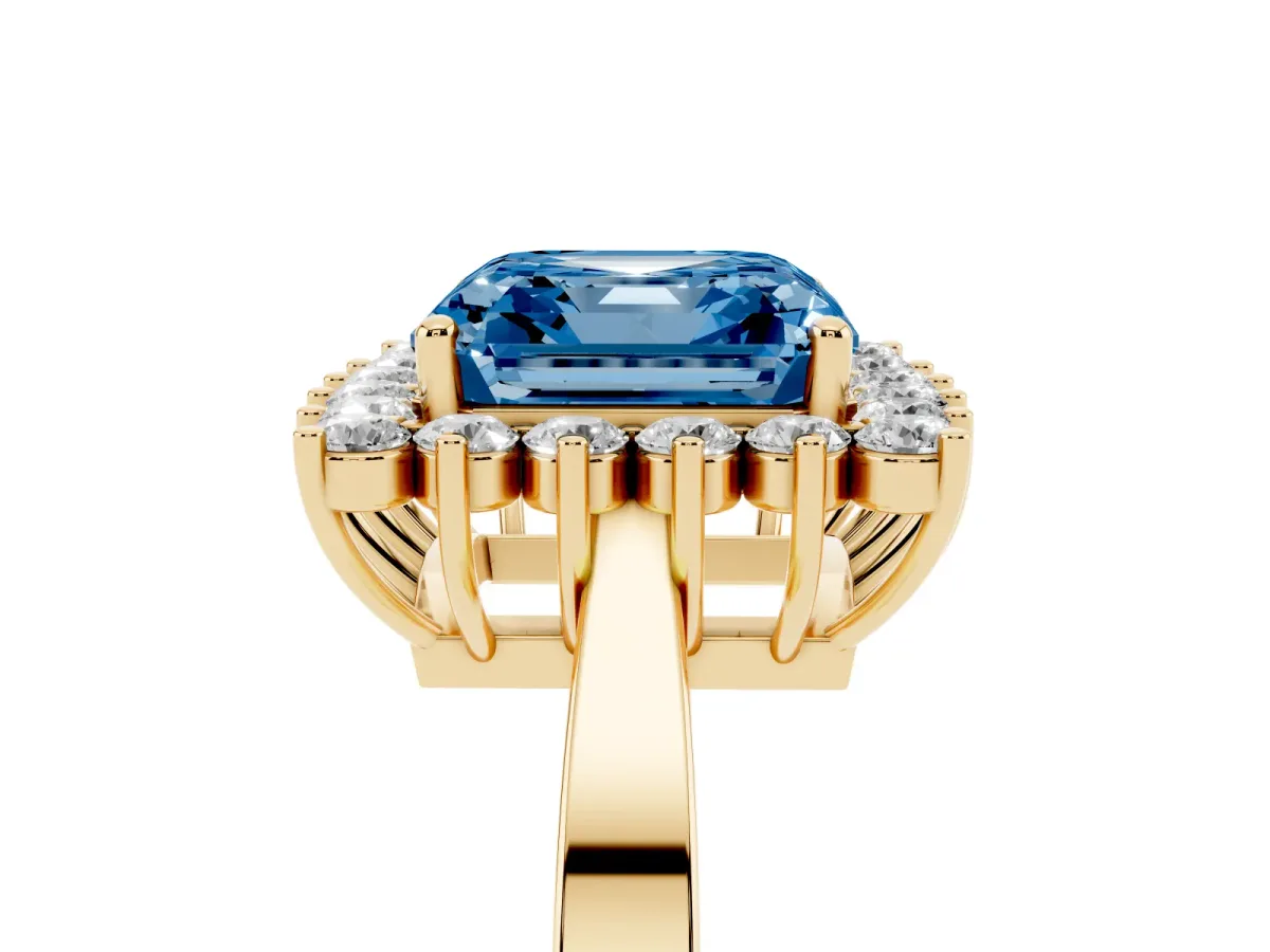 Fancy Blue Asscher Cut Cut Diamond Halo Ring with Round Brilliant Halo and Solitaire Band Yellow gold