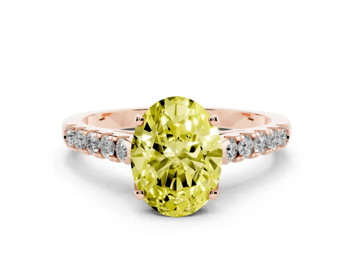 Fancy Yellow Oval Cut Diamond Pavé Band Solitaire Ring with Prong Setting Rose gold