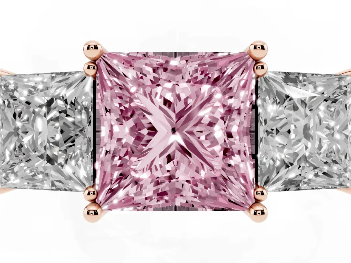 Fancy Pink Three-Stone Princess Cut Cut Diamond Engagement Ring with Prong Setting on a White Gold Band Rose gold