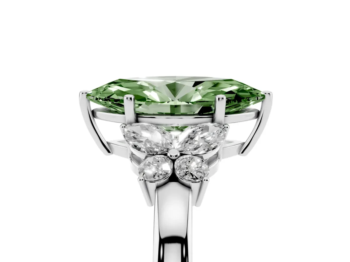 Fancy Green Marquise Cut Cut Solitaire Floral Diamond Ring with Four-Prong Setting Silver