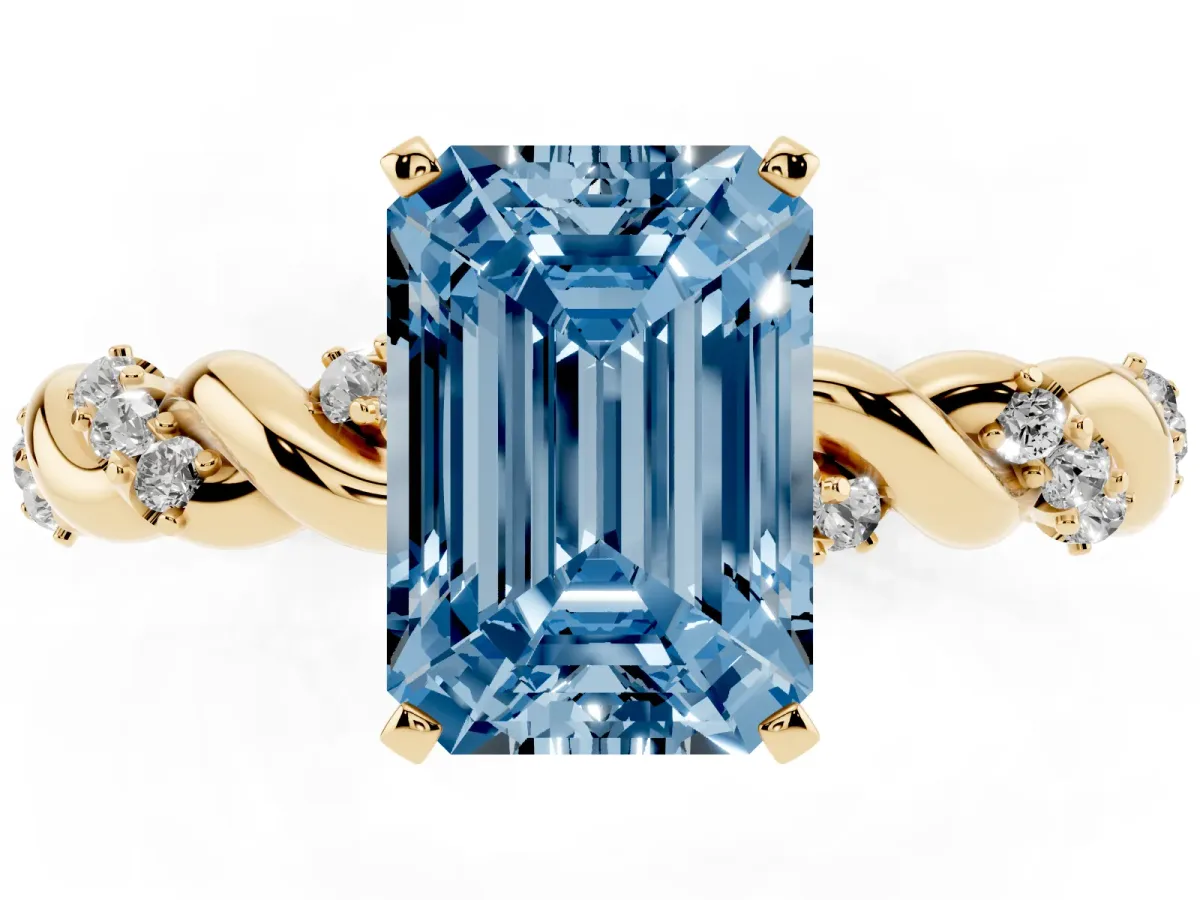 Fancy Blue Emerald Cut Diamond Solitaire Ring with Twisted Band and Pavé Accents Yellow gold