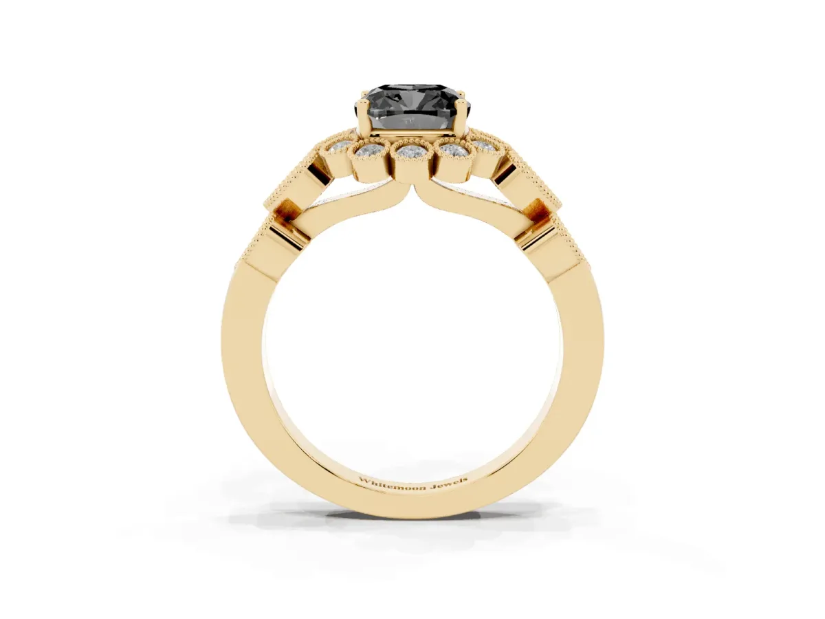 Fancy Black Cushion Cut Brilliant Milgrain Pave Heart Band Solitaire Ring Yellow gold