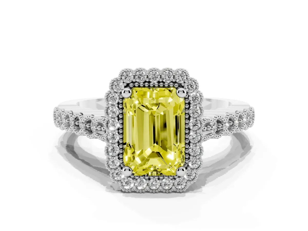 Fancy Yellow Radiant Cut Cut Halo Pavé Solitaire Ring with Milgrain Band White gold