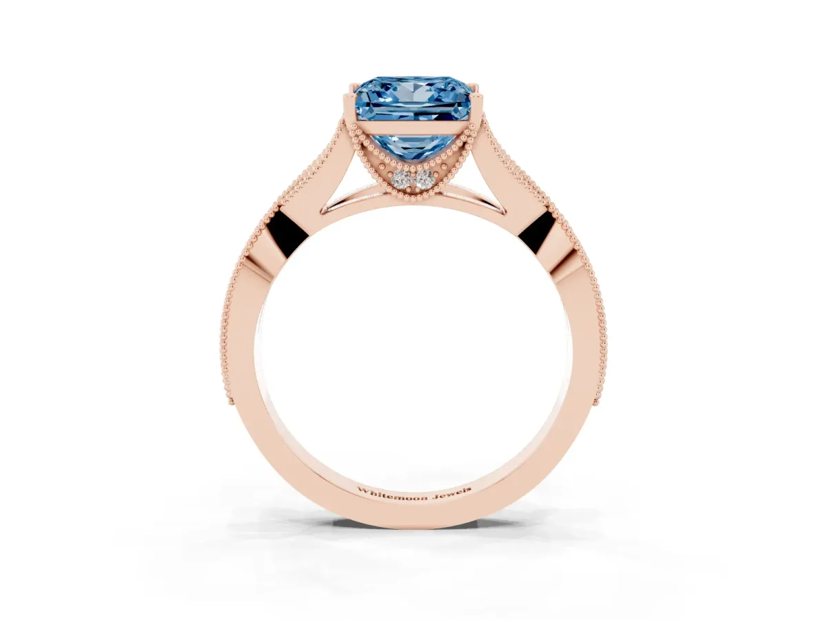 Fancy Blue Princess Cut Cut Diamond Twisted Band with Milgrain Pave Setting and Four-Prong Setting Rose gold