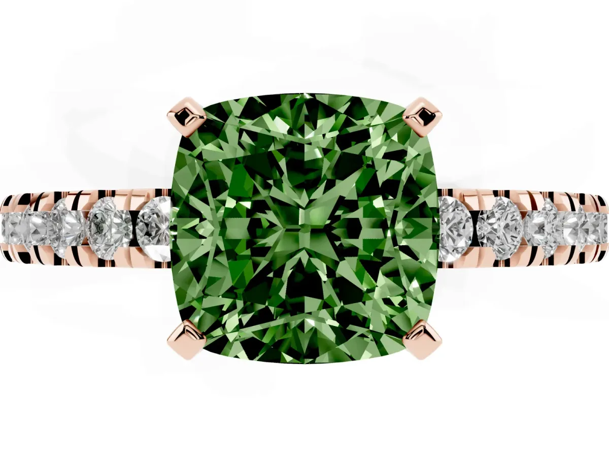 Fancy Green Cushion Cut Solitaire Diamond with Pavé Band and Four-Prong Setting Rose gold
