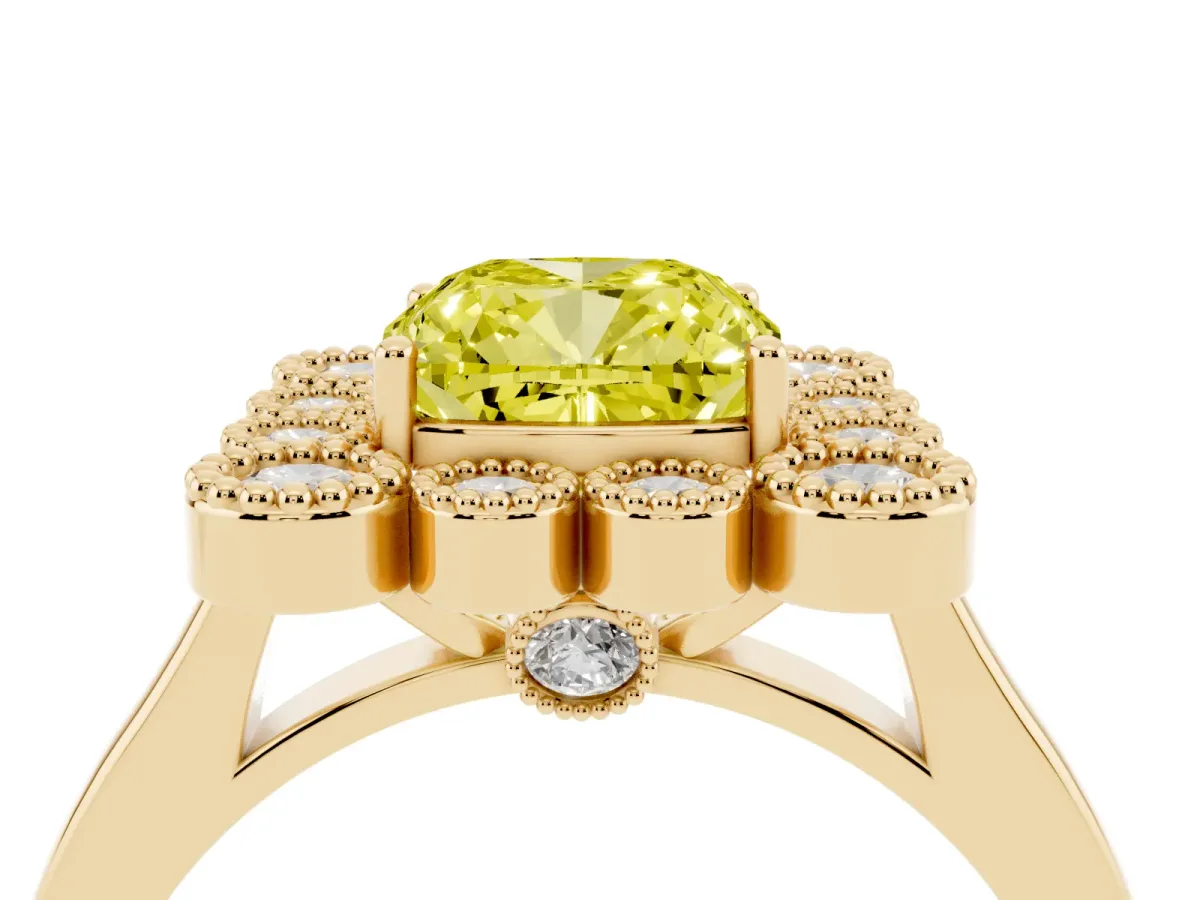 Fancy Yellow Cushion Cut Halo Diamond Cluster Engagement Ring with Milgrain Bezel Setting and Solitaire Band Yellow gold