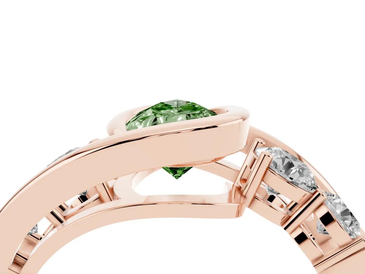 Fancy Green Bezel Set Pear Cut Diamond Bypass Ring with Round Accents Rose gold
