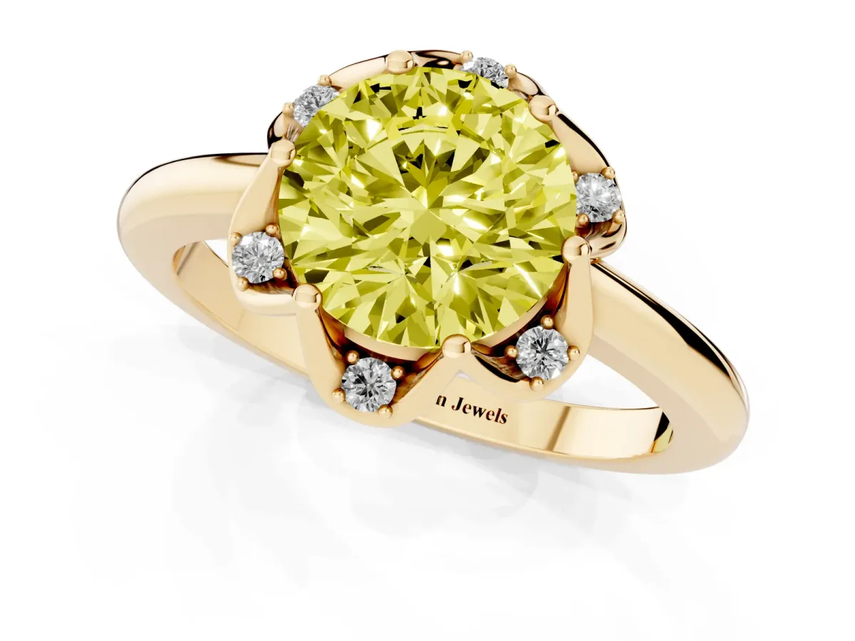 Fancy Yellow Round Cut Halo Diamond Ring with Round Cluster Setting, Solitaire Band, and Four-Prong Setting Yellow gold