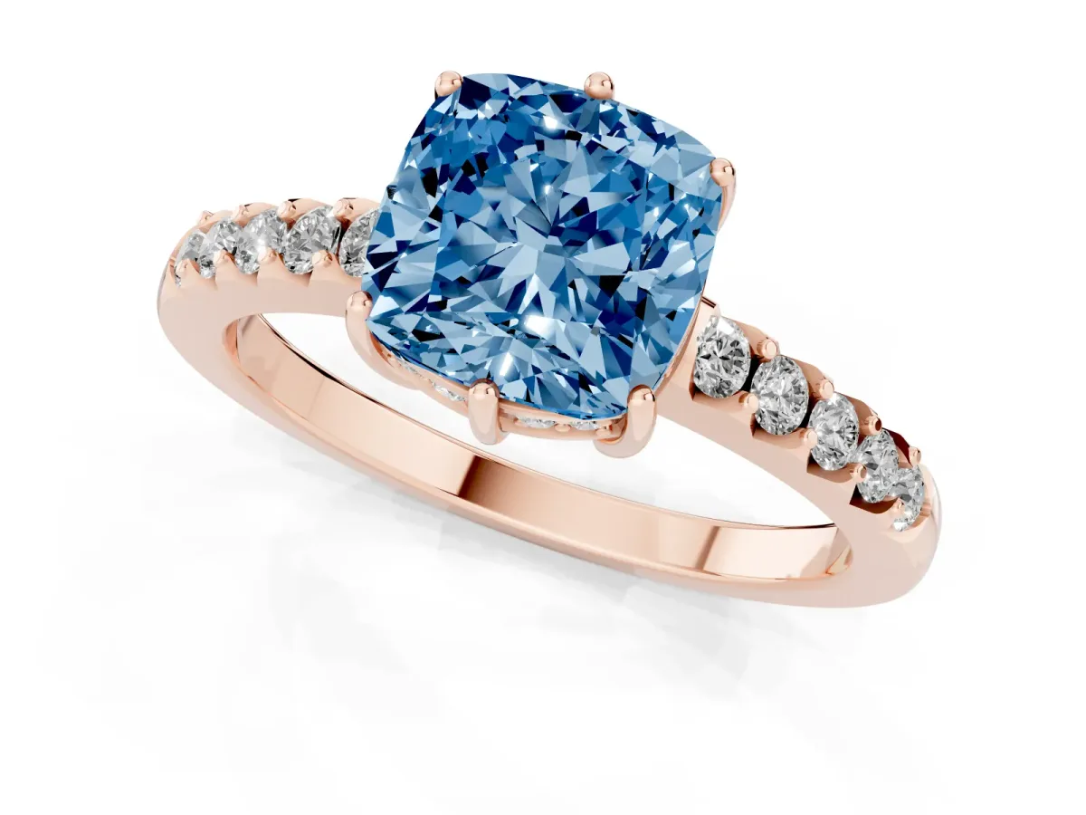 Fancy Blue Cushion Cut Solitaire Diamond Engagement Ring with Pavé Band and Six-Prong Setting Rose gold