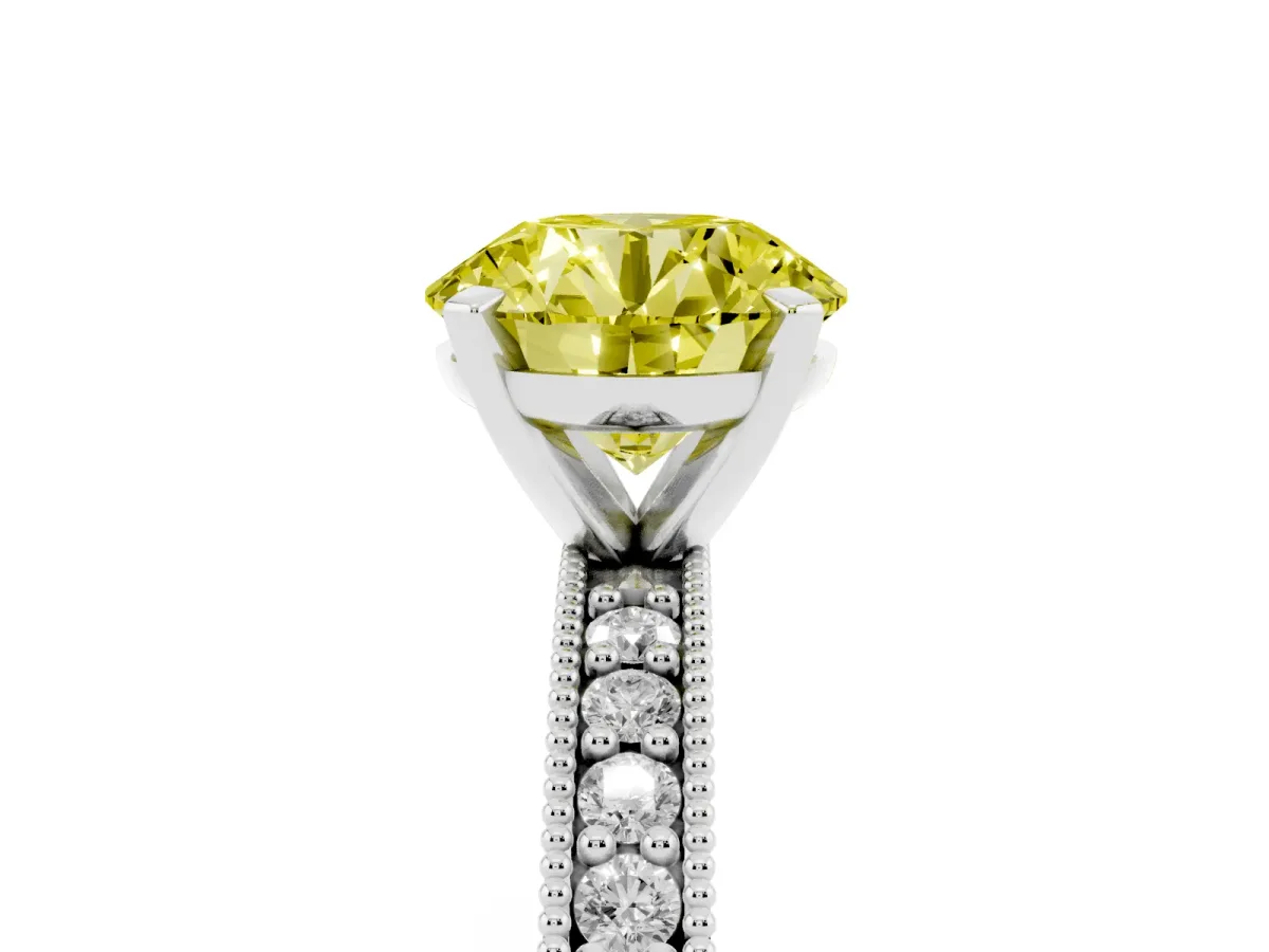 Fancy Yellow Round Cut Diamond Milgrain Pavé Engagement Ring with Four-Prong Setting Silver