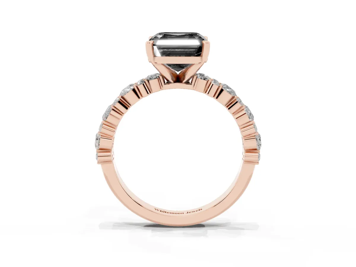 Fancy Black Asscher Cut Diamond Side Stone Solitaire Ring with Round and Four-Prong Setting Rose gold