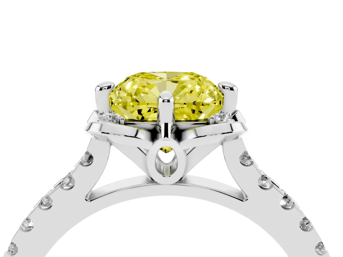 Fancy Yellow Cushion Cut Diamond Ring with Pavé Band and Floral Prong Setting White gold