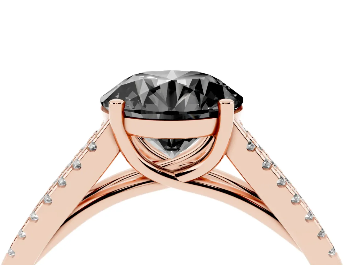 Fancy Black Round Cut Diamond Solitaire Engagement Ring with Split Shank Pavé Band Rose gold
