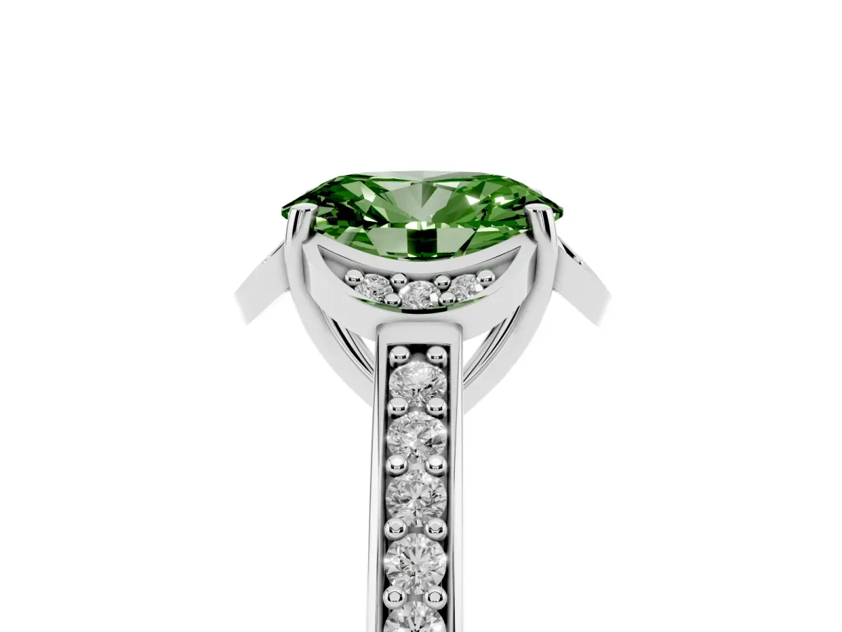 Fancy Green Oval Cut Cut Halo Diamond Ring with Channel Set Band and Four-Prong Setting White gold