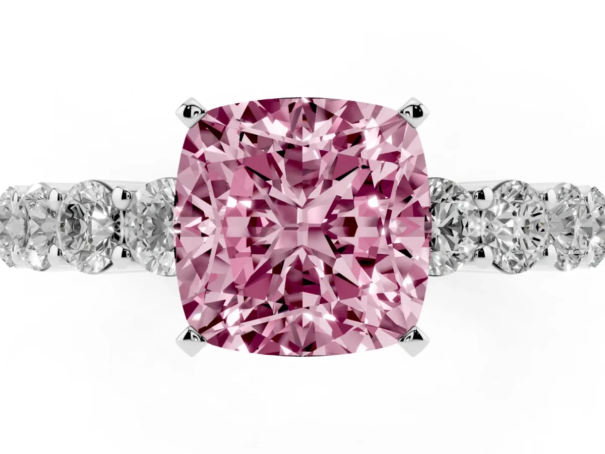 Fancy Pink Cushion Cut Diamond Solitaire Ring with Shared Prong Round Side Stones Silver