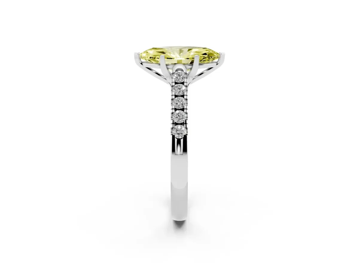 Fancy Yellow Marquise Cut Diamond Pavé Band Solitaire Ring with Prong Setting Silver