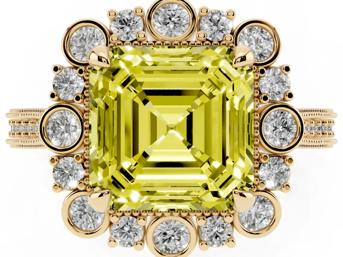 Fancy Yellow Asscher Cut Halo Milgrain Pave Diamond Ring with Four-Prong Setting Yellow gold
