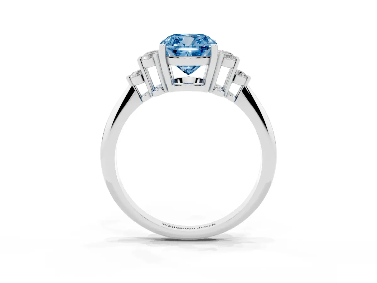 Fancy Blue Cushion Cut Cut Diamond Cluster Ring with Solitaire Band and Four-Prong Setting Silver