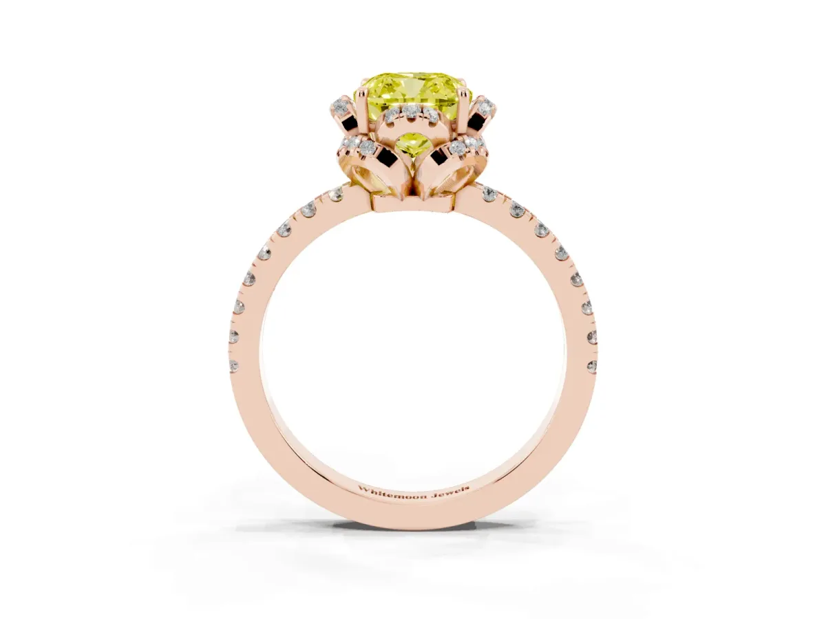 Fancy Yellow Cushion Cut Diamond Halo Pave Band with Four-Prong Setting Rose gold