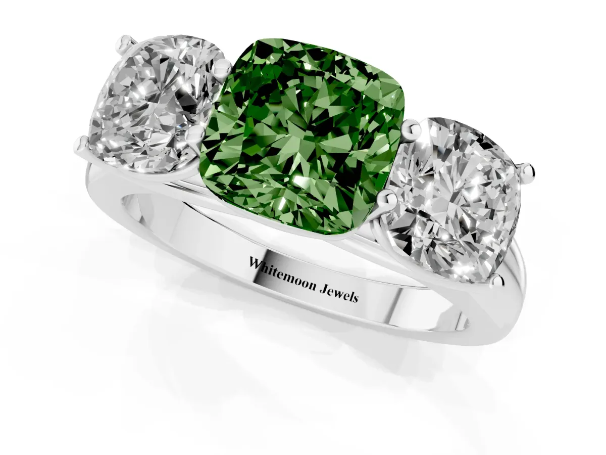 Fancy Green Cushion Cut Three-Stone Diamond Ring with Prong Setting on a Classic Band Silver