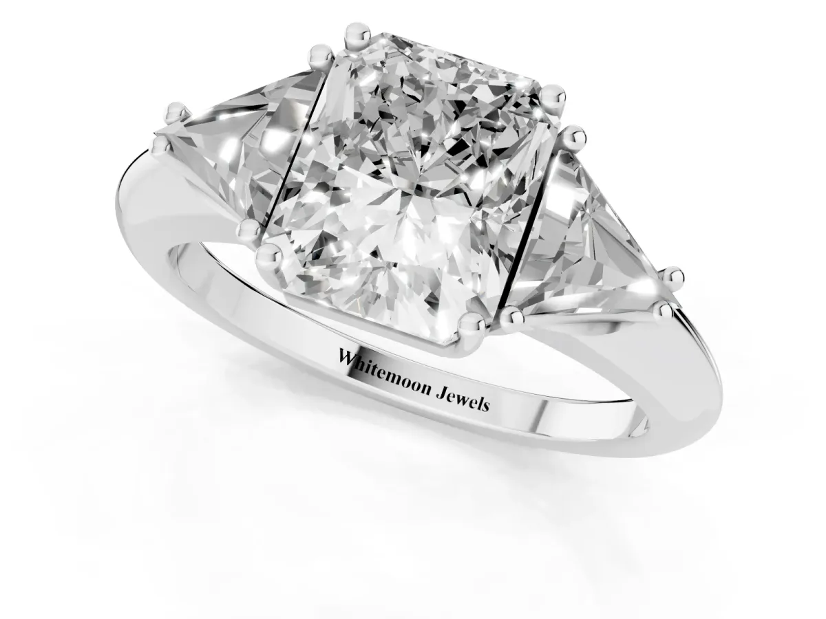 Three-Stone Radiant Cut Diamond Engagement Ring with Trillion Side Stones and Prong Setting Silver