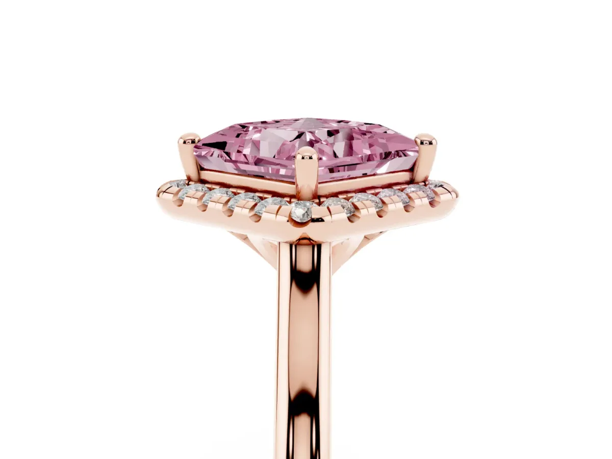 Fancy Pink Princess Cut Halo Round Diamond Solitaire Engagement Ring with Pave Band and Four-Prong Setting Rose gold