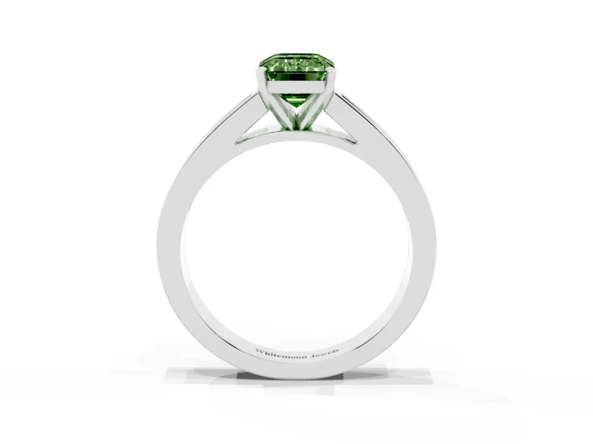 Fancy Green Emerald Cut Solitaire Diamond Ring with Channel-Set Band and Four-Prong Setting White gold