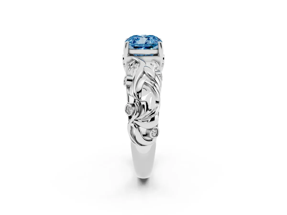 Fancy Blue Cushion Cut Solitaire Diamond Leaf-Inspired Vine Band Ring with Prong Setting Silver