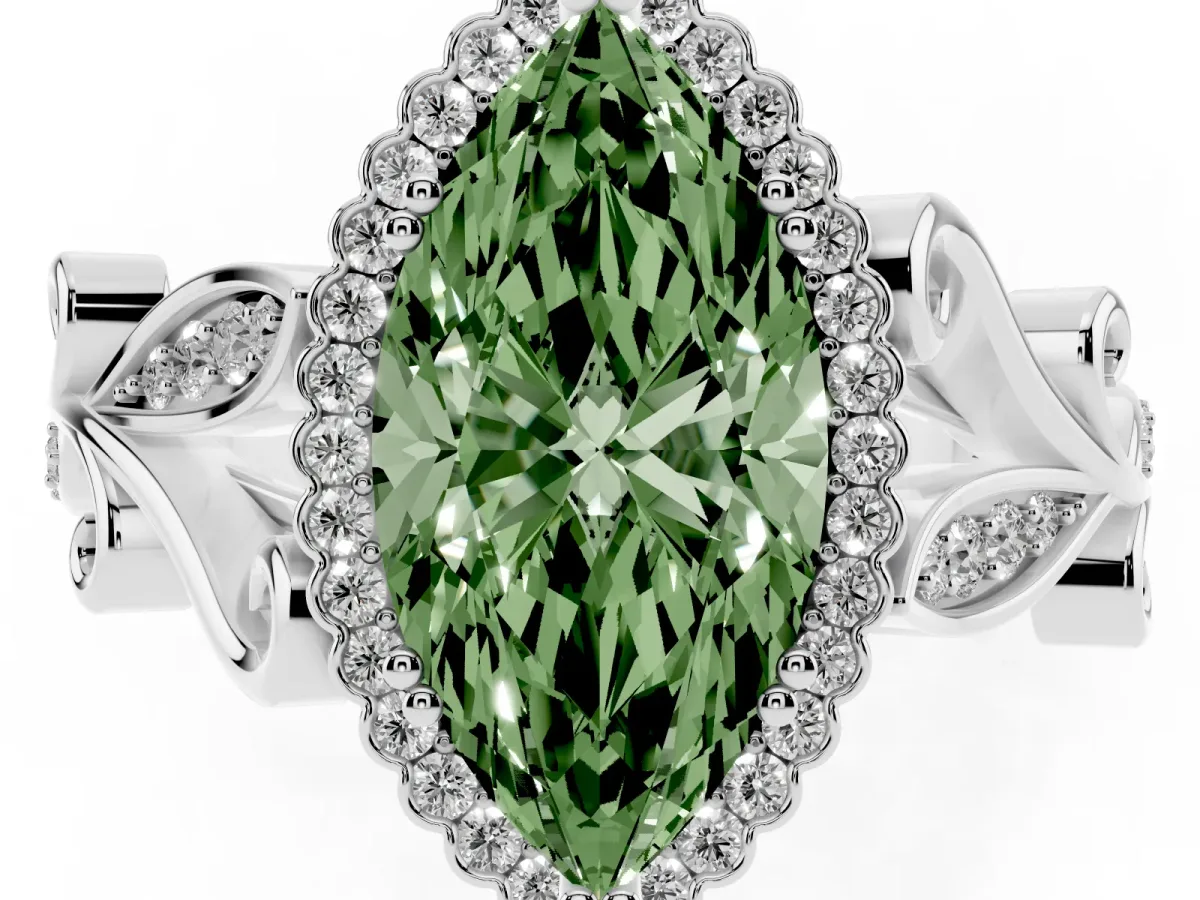 Fancy Green Marquise Cut Diamond Halo Ring with Vintage Split Shank and Four-Prong Setting Silver