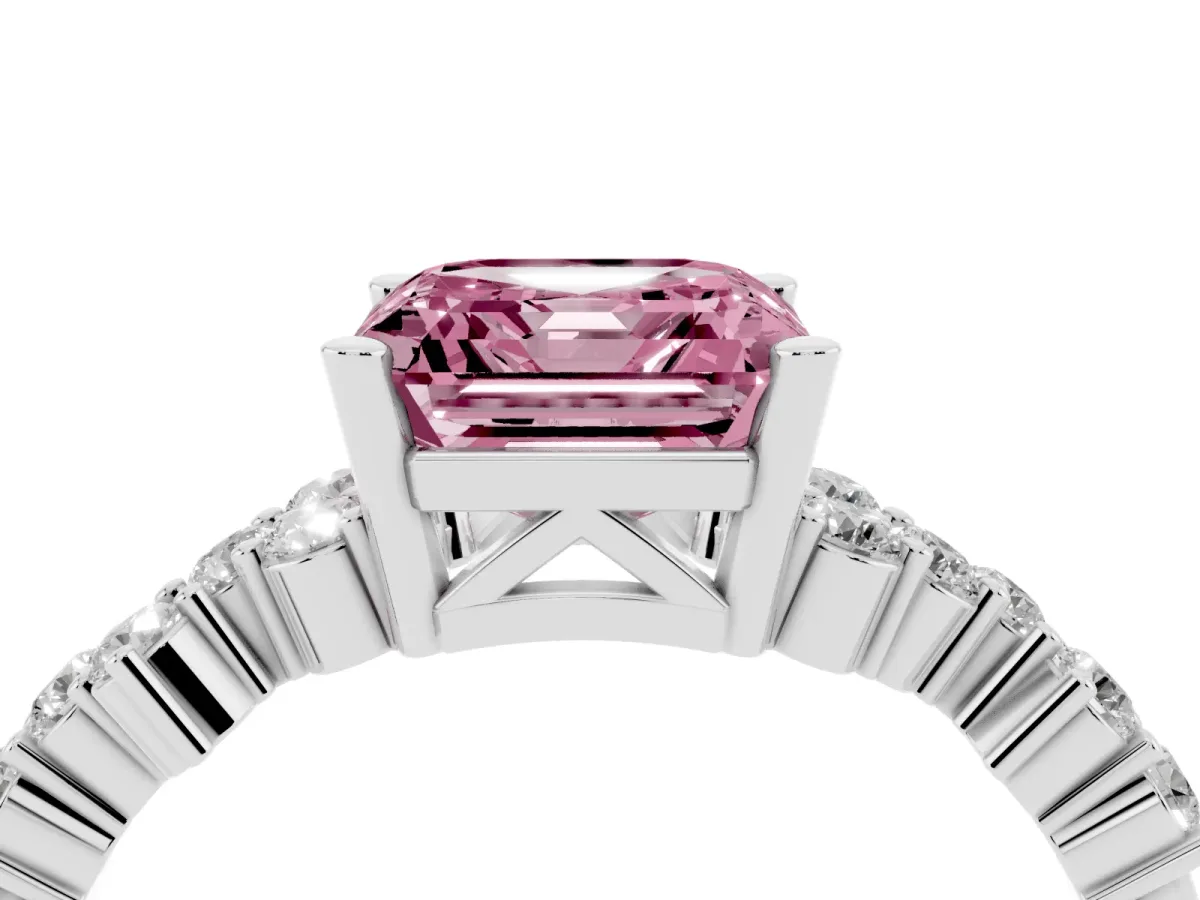 Fancy Pink Asscher Cut Diamond Scattered Round Accent Ring with Prong Setting White gold