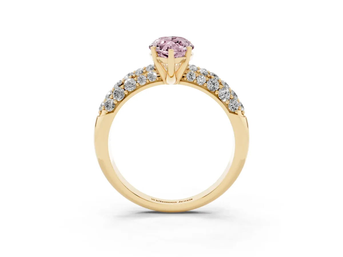 Fancy Pink Marquise Cut Diamond Pavé Band Solitaire Ring with Four-Prong Setting Yellow gold