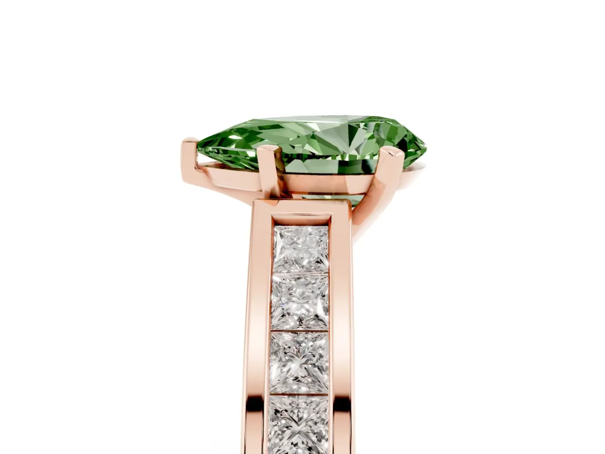 Fancy Green Pear Cut Solitaire Diamond Ring with Channel-Set Band and Four-Prong Setting Rose gold